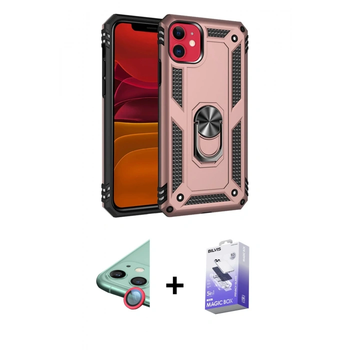MARSİLYAN™- iPhone 11 Kılıf Ahenk Klasik Koleksiyonu - Siyah Bilvis 5in1 5D Magic Hayalet Cam Ekran Koruyucu + Raze Metal Kamera Lens - KI