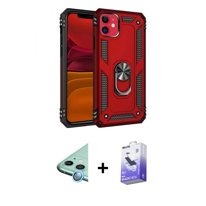 MARSİLYAN™- iPhone 11 Kılıf Ahenk Klasik Koleksiyonu - Siyah Bilvis 5in1 5D Magic Hayalet Cam Ekran Koruyucu + Raze Metal Kamera Lens - MI