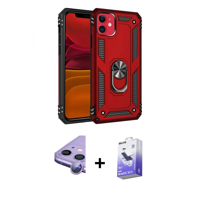 MARSİLYAN™- iPhone 11 Kılıf Ahenk Klasik Koleksiyonu - Siyah Bilvis 5in1 5D Magic Hayalet Cam Ekran Koruyucu + Raze Metal Kamera Lens - MR