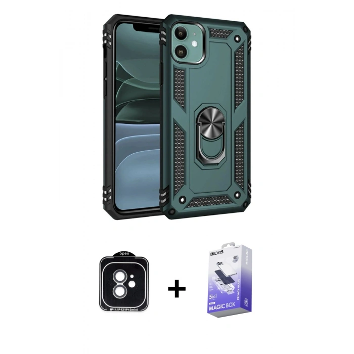 MARSİLYAN™- iPhone 11 Kılıf Ahenk Klasik Koleksiyonu - Siyah Bilvis 5in1 5D Magic Hayalet Cam Ekran Koruyucu + PVD Metal Kamera Lens - YL