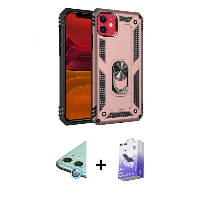 MARSİLYAN™- iPhone 11 Kılıf Ahenk Klasik Koleksiyonu - Siyah Bilvis 5in1 5D Magic Hayalet Cam Ekran Koruyucu + Raze Metal Kamera Lens - MI