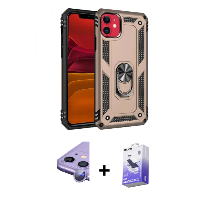 MARSİLYAN™- iPhone 11 Kılıf Ahenk Klasik Koleksiyonu - Siyah Bilvis 5in1 5D Magic Hayalet Cam Ekran Koruyucu + Raze Metal Kamera Lens - MR