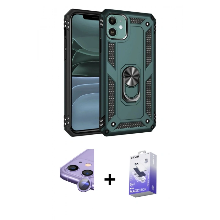 MARSİLYAN™- iPhone 11 Kılıf Ahenk Klasik Koleksiyonu - Siyah Bilvis 5in1 5D Magic Hayalet Cam Ekran Koruyucu + Raze Metal Kamera Lens - MR