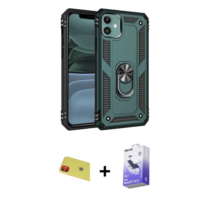 MARSİLYAN™- iPhone 11 Kılıf Ahenk Klasik Koleksiyonu - Siyah Bilvis 5in1 5D Magic Hayalet Cam Ekran Koruyucu + Rainbow Kamera Lens Koruma Cam - KI