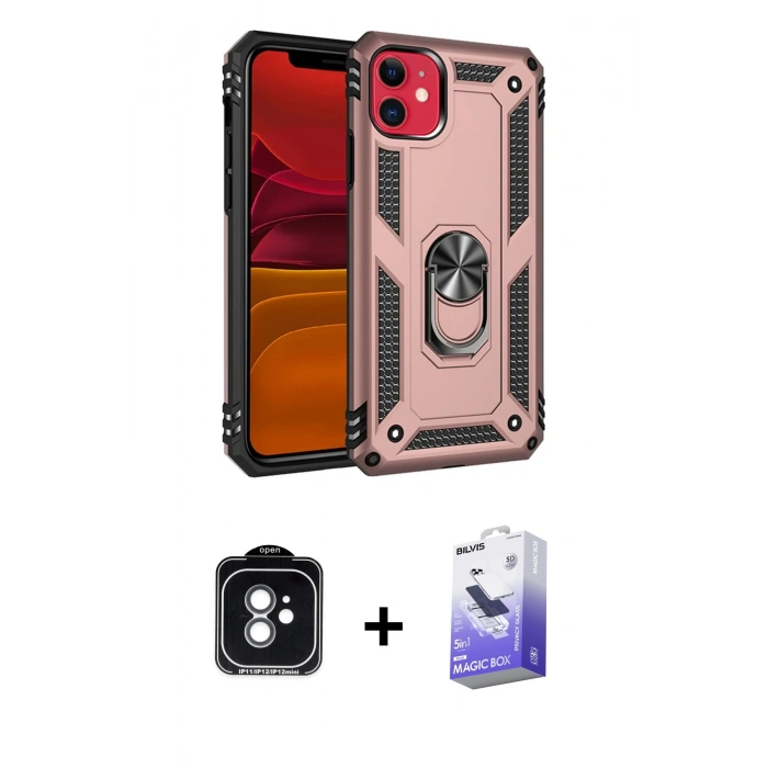 MARSİLYAN™- iPhone 11 Kılıf Ahenk Klasik Koleksiyonu - Siyah Bilvis 5in1 5D Magic Hayalet Cam Ekran Koruyucu + PVD Metal Kamera Lens - YL