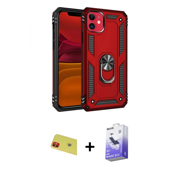 MARSİLYAN™- iPhone 11 Kılıf Ahenk Klasik Koleksiyonu - Siyah Bilvis 5in1 5D Magic Hayalet Cam Ekran Koruyucu + Rainbow Kamera Lens Koruma Cam - KI