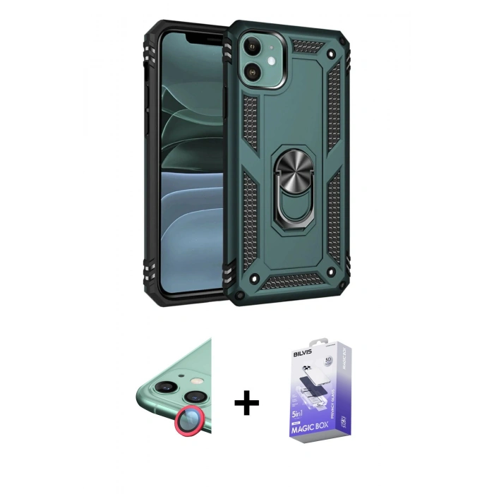 MARSİLYAN™- iPhone 11 Kılıf Ahenk Klasik Koleksiyonu - Siyah Bilvis 5in1 5D Magic Hayalet Cam Ekran Koruyucu + Raze Metal Kamera Lens - KI