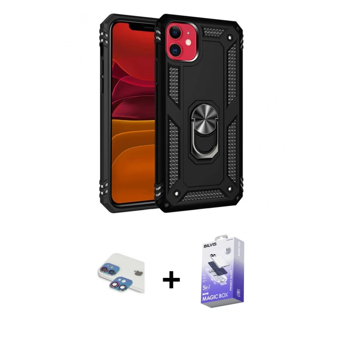 MARSİLYAN™- iPhone 11 Kılıf Ahenk Klasik Koleksiyonu - Siyah Bilvis 5in1 5D Magic Hayalet Cam Ekran Koruyucu + Pers Alüminyum Kamera Lens - GI