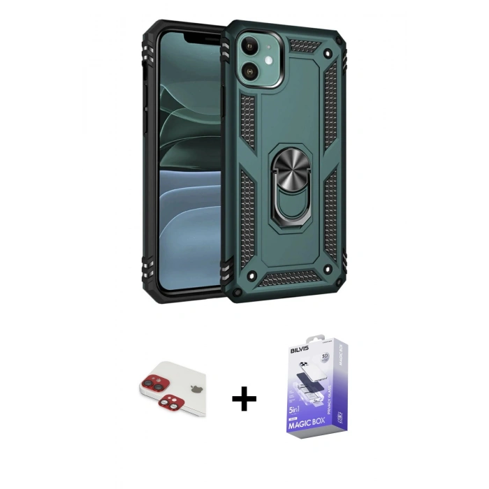 MARSİLYAN™- iPhone 11 Kılıf Ahenk Klasik Koleksiyonu - Siyah Bilvis 5in1 5D Magic Hayalet Cam Ekran Koruyucu + Pers Alüminyum Kamera Lens - KI