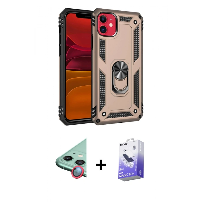 MARSİLYAN™- iPhone 11 Kılıf Ahenk Klasik Koleksiyonu - Siyah Bilvis 5in1 5D Magic Hayalet Cam Ekran Koruyucu + Raze Metal Kamera Lens - KI