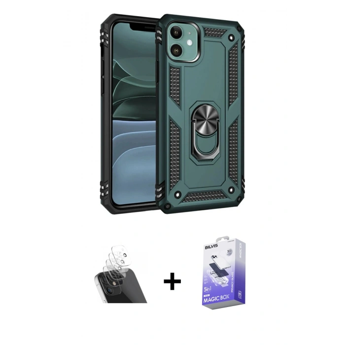 MARSİLYAN™- iPhone 11 Kılıf Ahenk Klasik Koleksiyonu - Siyah Bilvis 5in1 5D Magic Hayalet Cam Ekran Koruyucu + Kamera Lens Koruma Cam - SF