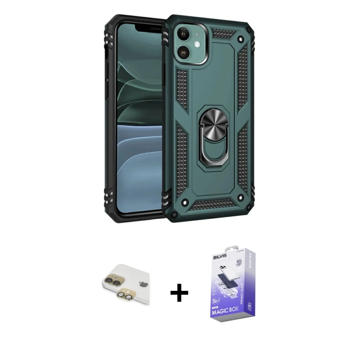 MARSİLYAN™- iPhone 11 Kılıf Ahenk Klasik Koleksiyonu - Siyah Bilvis 5in1 5D Magic Hayalet Cam Ekran Koruyucu + Pers Alüminyum Kamera Lens - GD