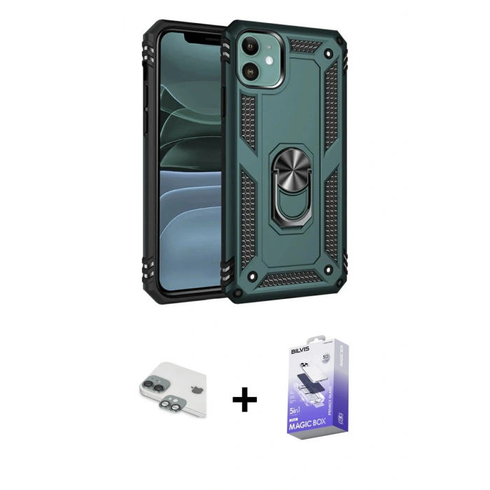 MARSİLYAN™- iPhone 11 Kılıf Ahenk Klasik Koleksiyonu - Siyah Bilvis 5in1 5D Magic Hayalet Cam Ekran Koruyucu + Pers Alüminyum Kamera Lens - YL