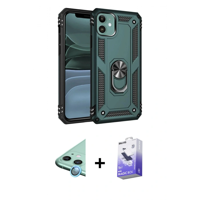 MARSİLYAN™- iPhone 11 Kılıf Ahenk Klasik Koleksiyonu - Siyah Bilvis 5in1 5D Magic Hayalet Cam Ekran Koruyucu + Raze Metal Kamera Lens - MI
