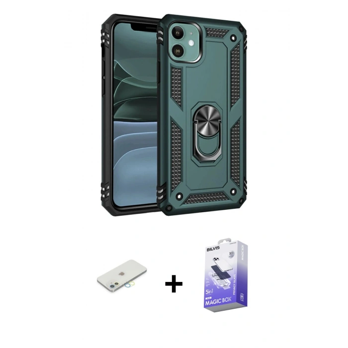 MARSİLYAN™- iPhone 11 Kılıf Ahenk Klasik Koleksiyonu - Siyah Bilvis 5in1 5D Magic Hayalet Cam Ekran Koruyucu + Sarı Renkli Kamera Lens Koruma Cam