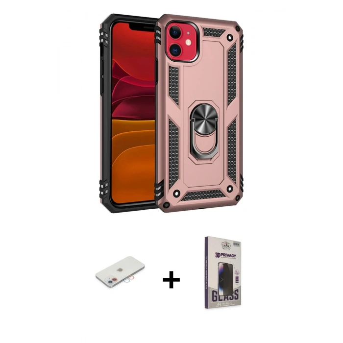 MARSİLYAN™- iPhone 11 Kılıf Ahenk Klasik Koleksiyonu - Siyah Bilvis Hayalet Cam Ekran Koruyucu + Renkli Kamera Lens Koruma Cam - PE