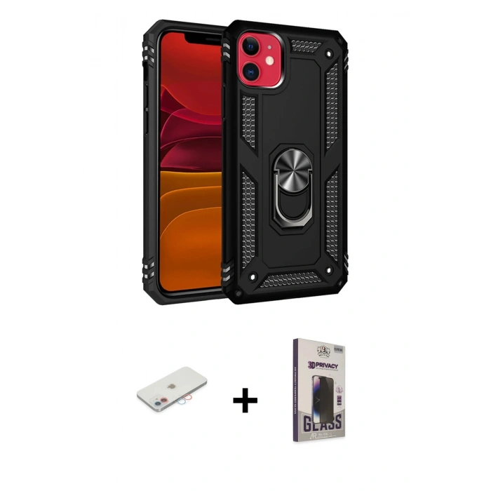 MARSİLYAN™- iPhone 11 Kılıf Ahenk Klasik Koleksiyonu - Siyah Bilvis Hayalet Cam Ekran Koruyucu + Renkli Kamera Lens Koruma Cam - PE