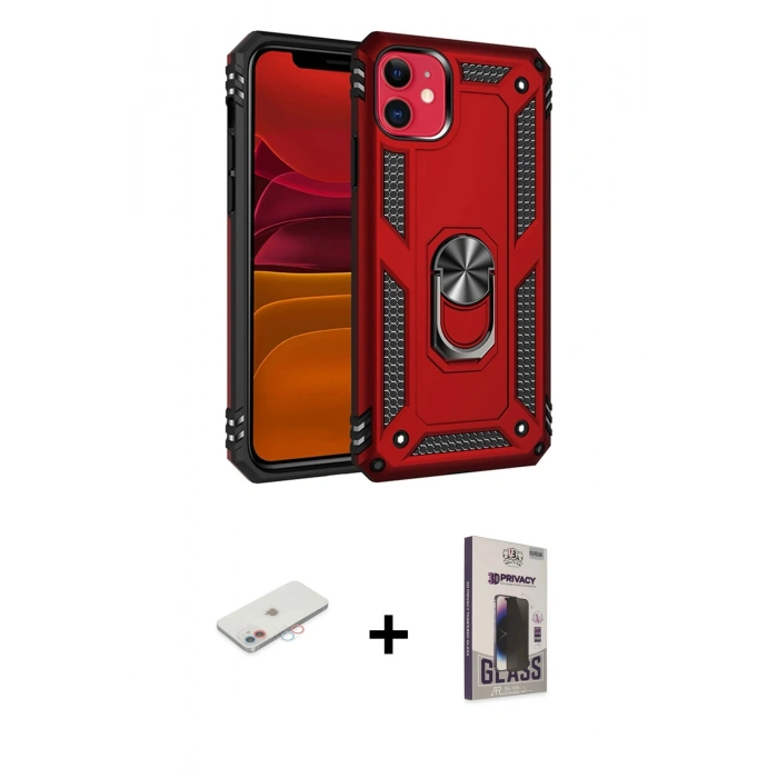 MARSİLYAN™- iPhone 11 Kılıf Ahenk Klasik Koleksiyonu - Siyah Bilvis Hayalet Cam Ekran Koruyucu + Renkli Kamera Lens Koruma Cam - PE
