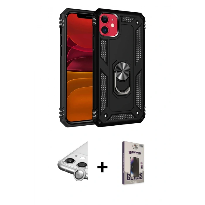 MARSİLYAN™- iPhone 11 Kılıf Ahenk Klasik Koleksiyonu - Siyah Bilvis Hayalet Cam Ekran Koruyucu + Raze Metal Kamera Lens - GS