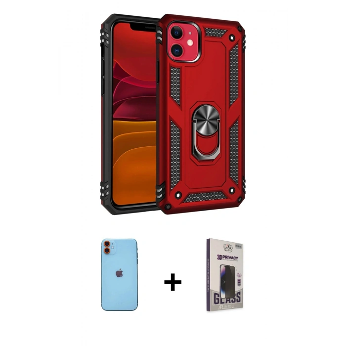MARSİLYAN™- iPhone 11 Kılıf Ahenk Klasik Koleksiyonu - Siyah Bilvis Hayalet Cam Ekran Koruyucu + Neon Fosforlu Kamera Lens - TU