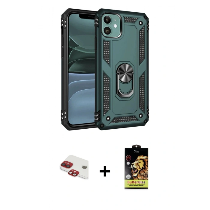 MARSİLYAN™- iPhone 11 Kılıf Ahenk Klasik Koleksiyonu - Siyah Buffer Cam Ekran Koruyucu + Pers Alüminyum Kamera Lens - KI