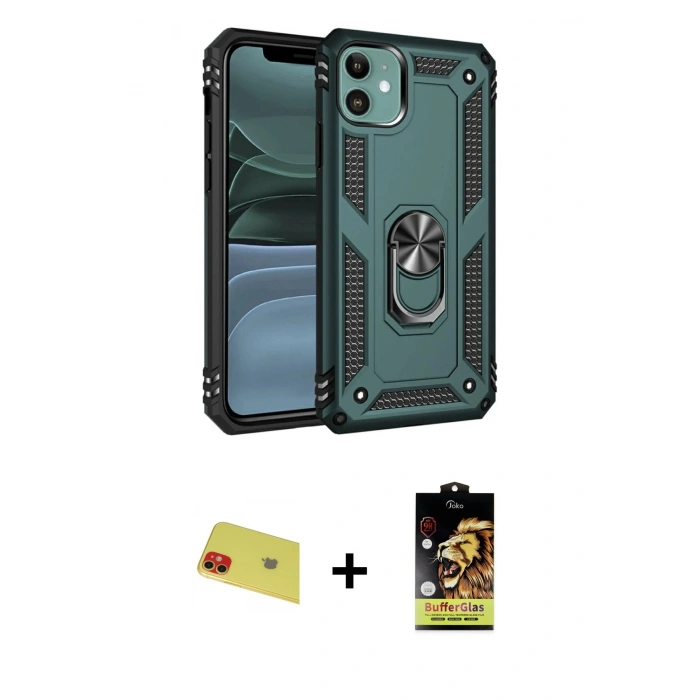 MARSİLYAN™- iPhone 11 Kılıf Ahenk Klasik Koleksiyonu - Siyah Buffer Cam Ekran Koruyucu + Kırmızı Rainbow Kamera Lens Koruma Cam