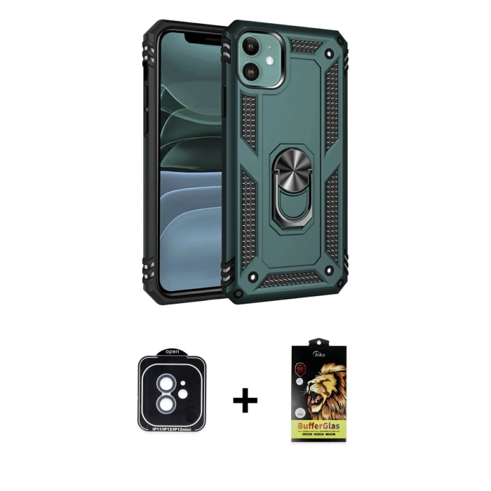 MARSİLYAN™- iPhone 11 Kılıf Ahenk Klasik Koleksiyonu - Siyah Buffer Cam Ekran Koruyucu + PVD Metal Kamera Lens - MI