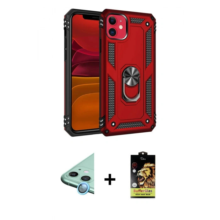 MARSİLYAN™- iPhone 11 Kılıf Ahenk Klasik Koleksiyonu - Siyah Buffer Cam Ekran Koruyucu + Raze Metal Kamera Lens - MI