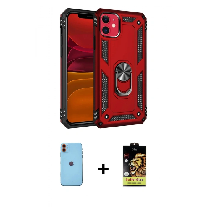 MARSİLYAN™- iPhone 11 Kılıf Ahenk Klasik Koleksiyonu - Siyah Buffer Cam Ekran Koruyucu + Neon Fosforlu Kamera Lens - TU