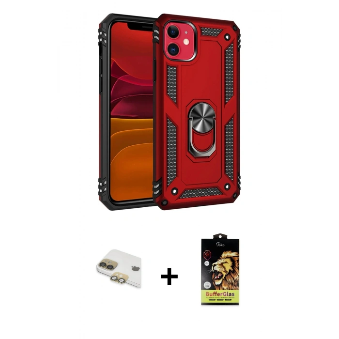 MARSİLYAN™- iPhone 11 Kılıf Ahenk Klasik Koleksiyonu - Siyah Buffer Cam Ekran Koruyucu + Pers Alüminyum Kamera Lens - GD