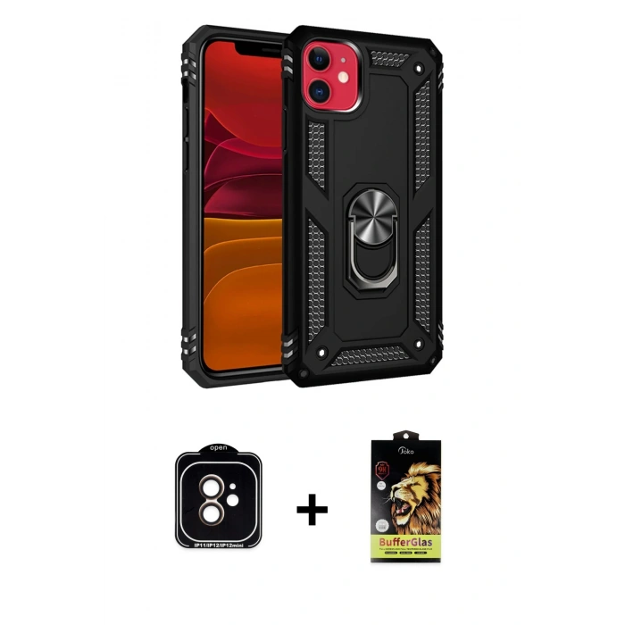 MARSİLYAN™- iPhone 11 Kılıf Ahenk Klasik Koleksiyonu - Siyah Buffer Cam Ekran Koruyucu + PVD Metal Kamera Lens - TU