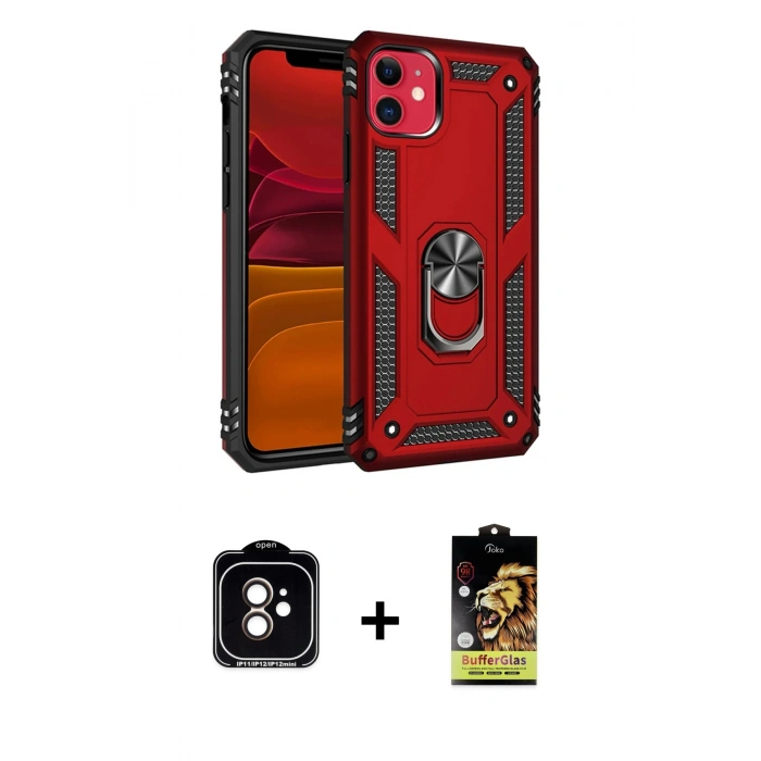 MARSİLYAN™- iPhone 11 Kılıf Ahenk Klasik Koleksiyonu - Siyah Buffer Cam Ekran Koruyucu + PVD Metal Kamera Lens - TU