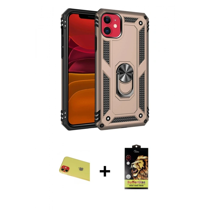 MARSİLYAN™- iPhone 11 Kılıf Ahenk Klasik Koleksiyonu - Siyah Buffer Cam Ekran Koruyucu + Rainbow Kamera Lens Koruma Cam - KI