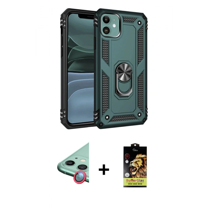 MARSİLYAN™- iPhone 11 Kılıf Ahenk Klasik Koleksiyonu - Siyah Buffer Cam Ekran Koruyucu + Raze Metal Kamera Lens - KI