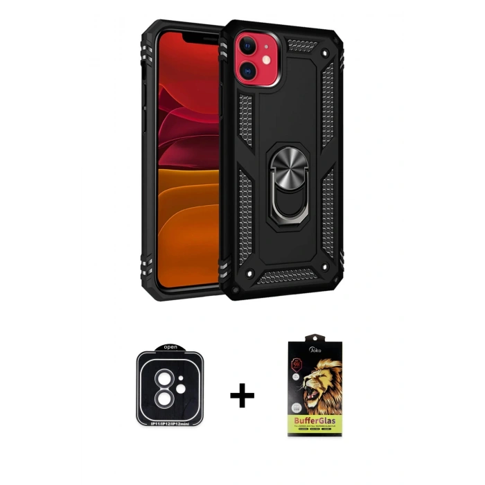 MARSİLYAN™- iPhone 11 Kılıf Ahenk Klasik Koleksiyonu - Siyah Buffer Cam Ekran Koruyucu + PVD Metal Kamera Lens - SH
