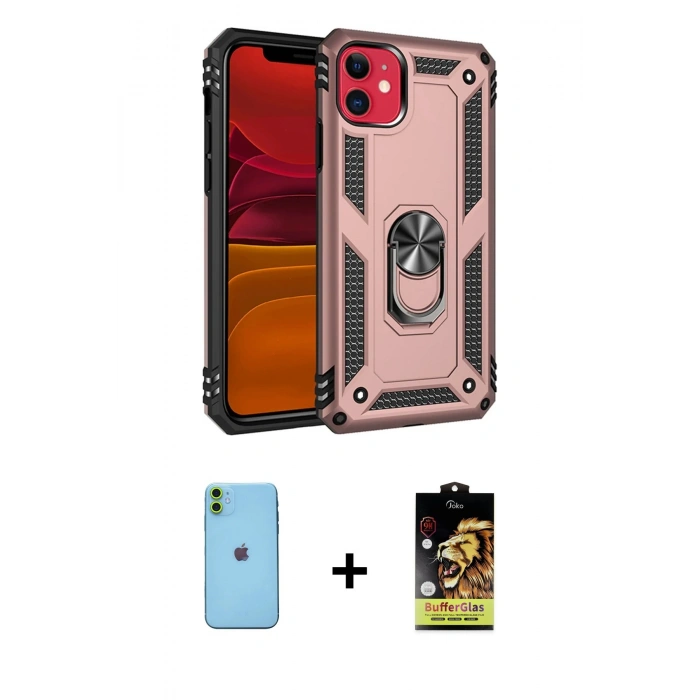 MARSİLYAN™- iPhone 11 Kılıf Ahenk Klasik Koleksiyonu - Siyah Buffer Cam Ekran Koruyucu + Neon Fosforlu Kamera Lens - YL