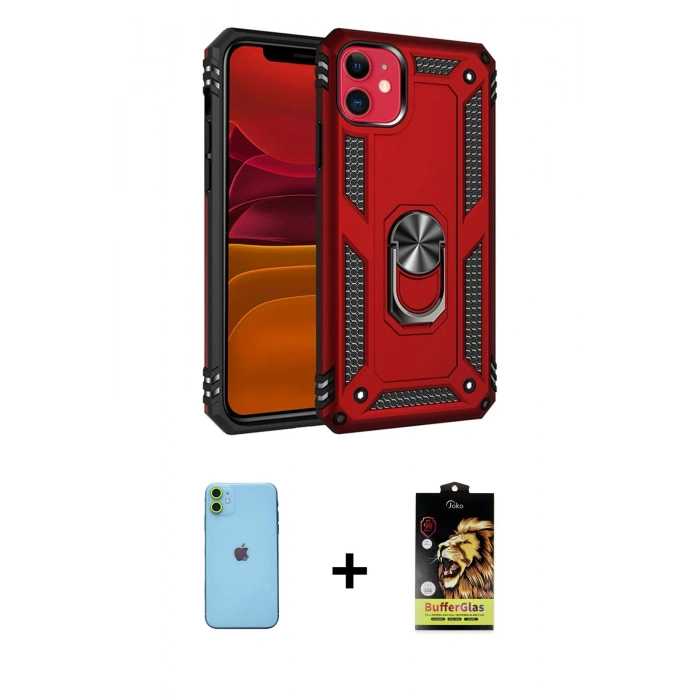 MARSİLYAN™- iPhone 11 Kılıf Ahenk Klasik Koleksiyonu - Siyah Buffer Cam Ekran Koruyucu + Neon Fosforlu Kamera Lens - YL