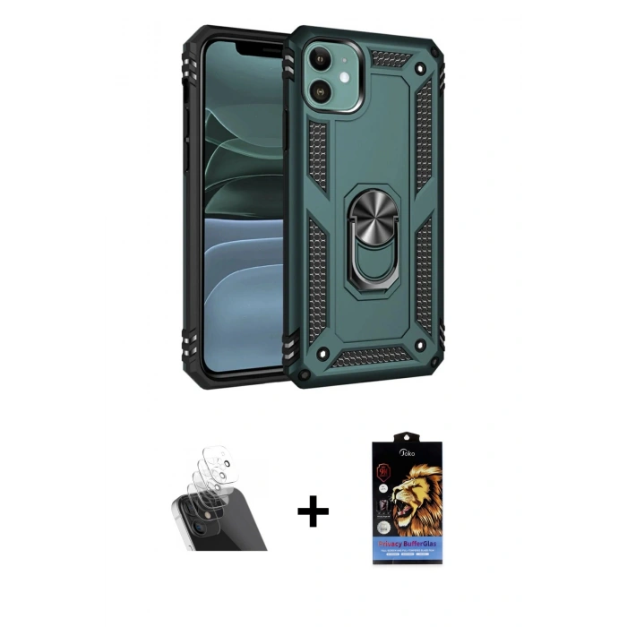 MARSİLYAN™- iPhone 11 Kılıf Ahenk Klasik Koleksiyonu - Siyah Buffer Hayalet Cam Ekran Koruyucu + Kamera Lens Koruma Cam - SF