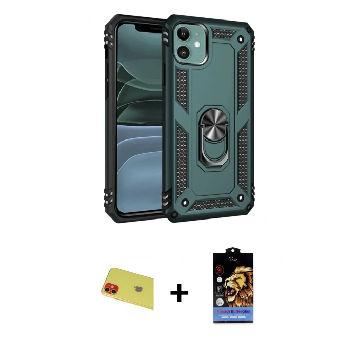 MARSİLYAN™- iPhone 11 Kılıf Ahenk Klasik Koleksiyonu - Siyah Buffer Hayalet Cam Ekran Koruyucu + Rainbow Kamera Lens Koruma Cam - KI