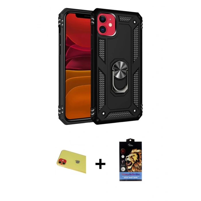 MARSİLYAN™- iPhone 11 Kılıf Ahenk Klasik Koleksiyonu - Siyah Buffer Hayalet Cam Ekran Koruyucu + Rainbow Kamera Lens Koruma Cam - KI