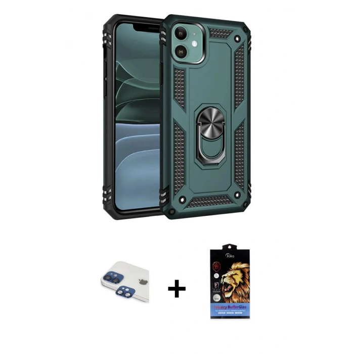 MARSİLYAN™- iPhone 11 Kılıf Ahenk Klasik Koleksiyonu - Siyah Buffer Hayalet Cam Ekran Koruyucu + Pers Alüminyum Kamera Lens - LT