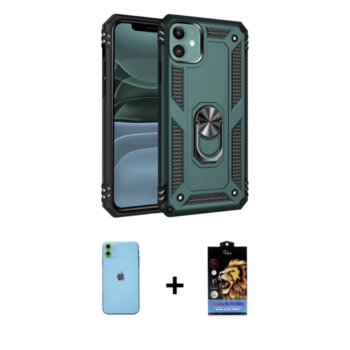 MARSİLYAN™- iPhone 11 Kılıf Ahenk Klasik Koleksiyonu - Siyah Buffer Hayalet Cam Ekran Koruyucu + Neon Fosforlu Kamera Lens - YL
