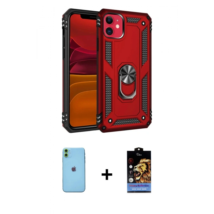 MARSİLYAN™- iPhone 11 Kılıf Ahenk Klasik Koleksiyonu - Siyah Buffer Hayalet Cam Ekran Koruyucu + Neon Fosforlu Kamera Lens - YL