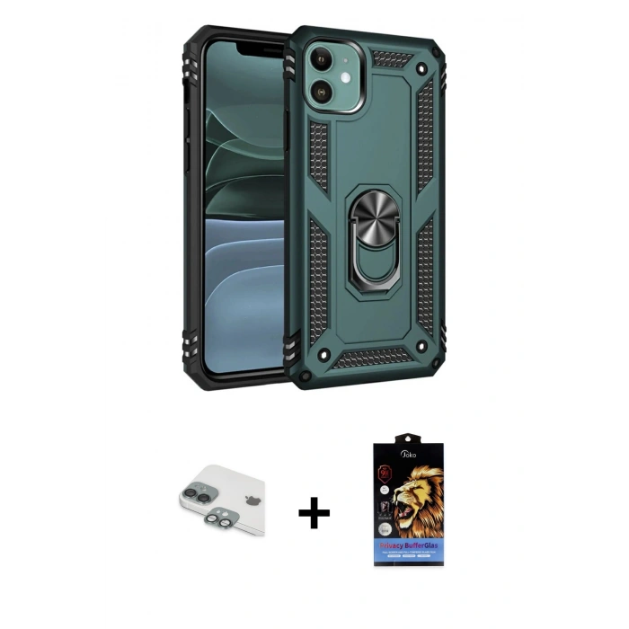 MARSİLYAN™- iPhone 11 Kılıf Ahenk Klasik Koleksiyonu - Siyah Buffer Hayalet Cam Ekran Koruyucu + Pers Alüminyum Kamera Lens - YL
