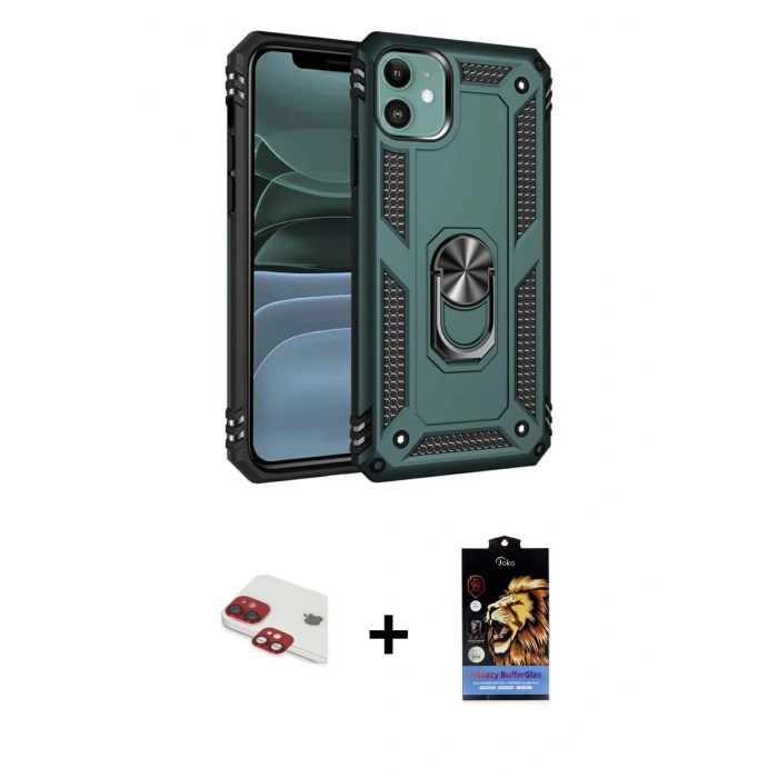 MARSİLYAN™- iPhone 11 Kılıf Ahenk Klasik Koleksiyonu - Siyah Buffer Hayalet Cam Ekran Koruyucu + Pers Alüminyum Kamera Lens - KI