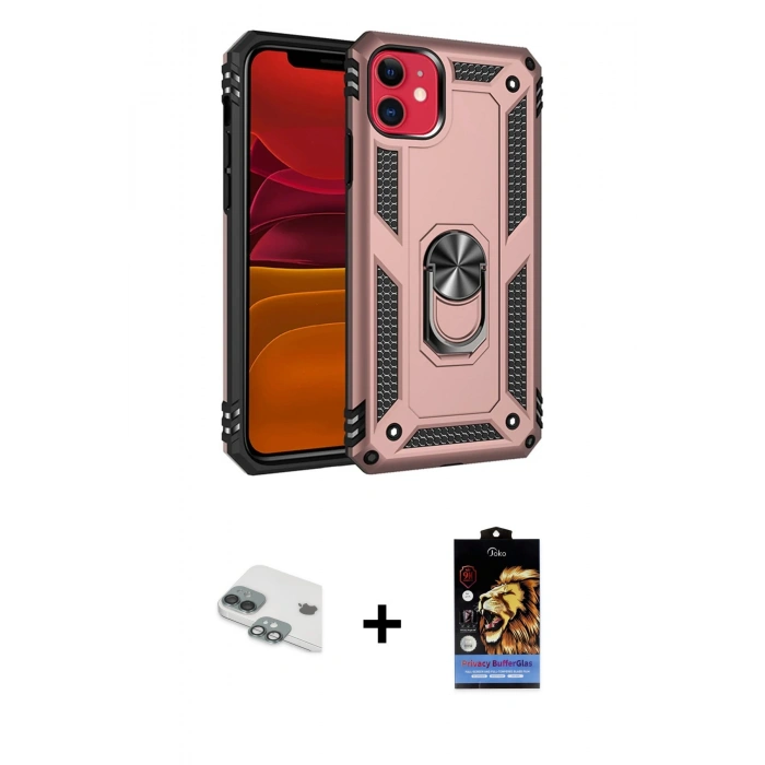 MARSİLYAN™- iPhone 11 Kılıf Ahenk Klasik Koleksiyonu - Siyah Buffer Hayalet Cam Ekran Koruyucu + Pers Alüminyum Kamera Lens - YL