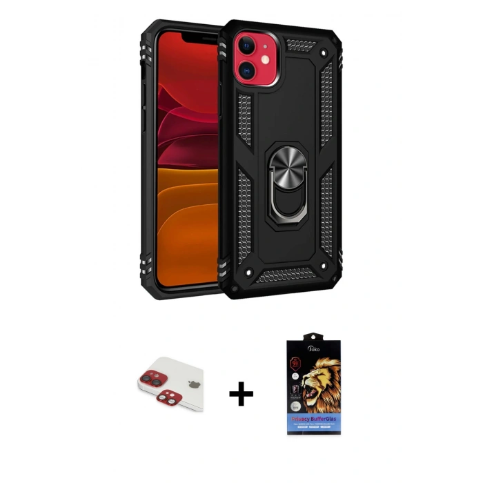 MARSİLYAN™- iPhone 11 Kılıf Ahenk Klasik Koleksiyonu - Siyah Buffer Hayalet Cam Ekran Koruyucu + Pers Alüminyum Kamera Lens - KI