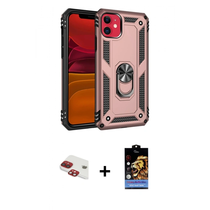MARSİLYAN™- iPhone 11 Kılıf Ahenk Klasik Koleksiyonu - Siyah Buffer Hayalet Cam Ekran Koruyucu + Pers Alüminyum Kamera Lens - KI