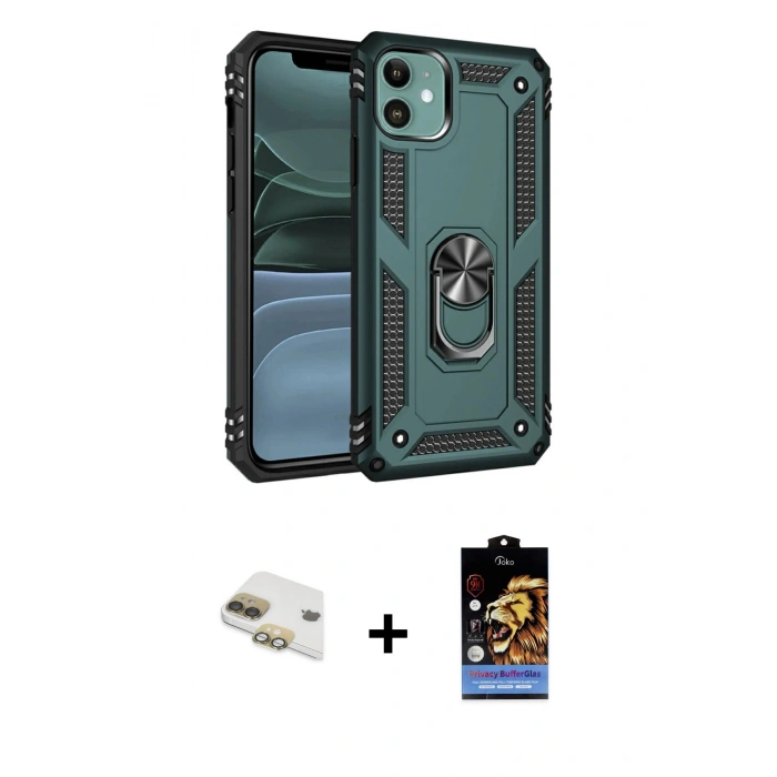 MARSİLYAN™- iPhone 11 Kılıf Ahenk Klasik Koleksiyonu - Siyah Buffer Hayalet Cam Ekran Koruyucu + Pers Alüminyum Kamera Lens - GD
