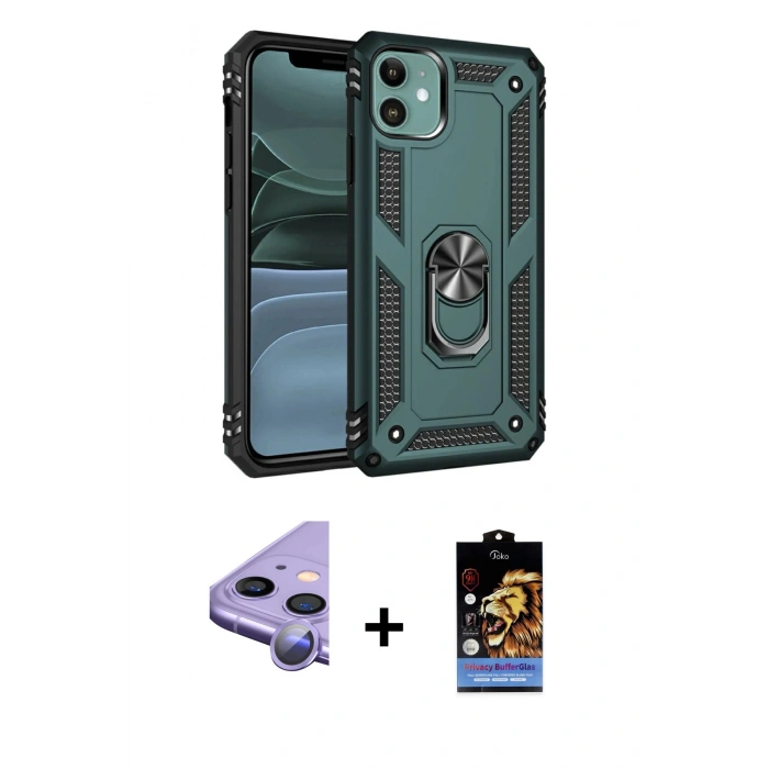 MARSİLYAN™- iPhone 11 Kılıf Ahenk Klasik Koleksiyonu - Siyah Buffer Hayalet Cam Ekran Koruyucu + Raze Metal Kamera Lens - MR